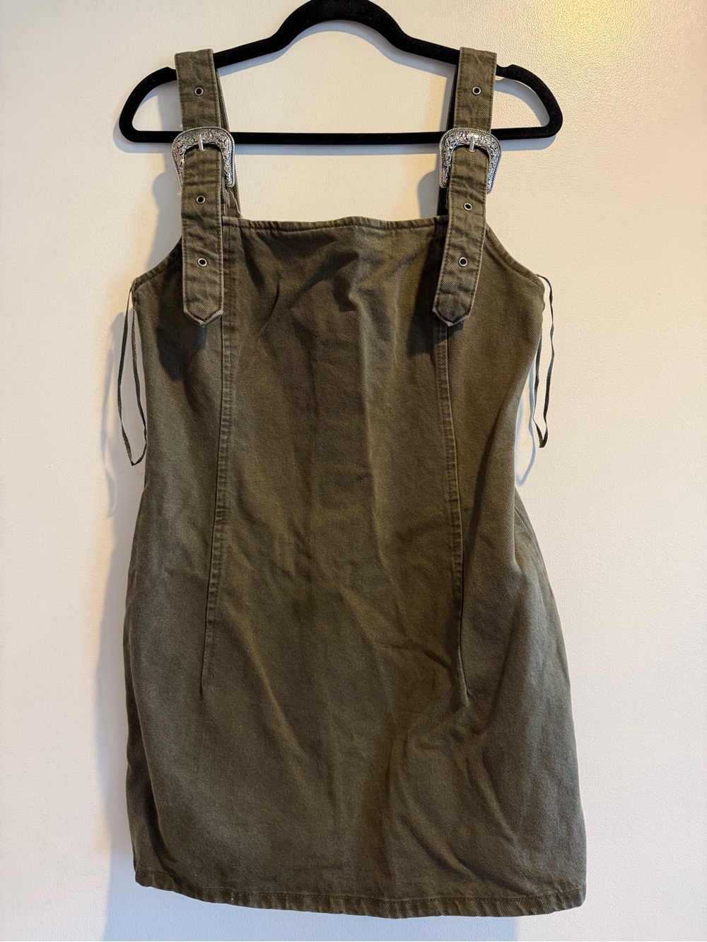 Zara Olive Green Mini Pinafore Dress with Buckle Straps